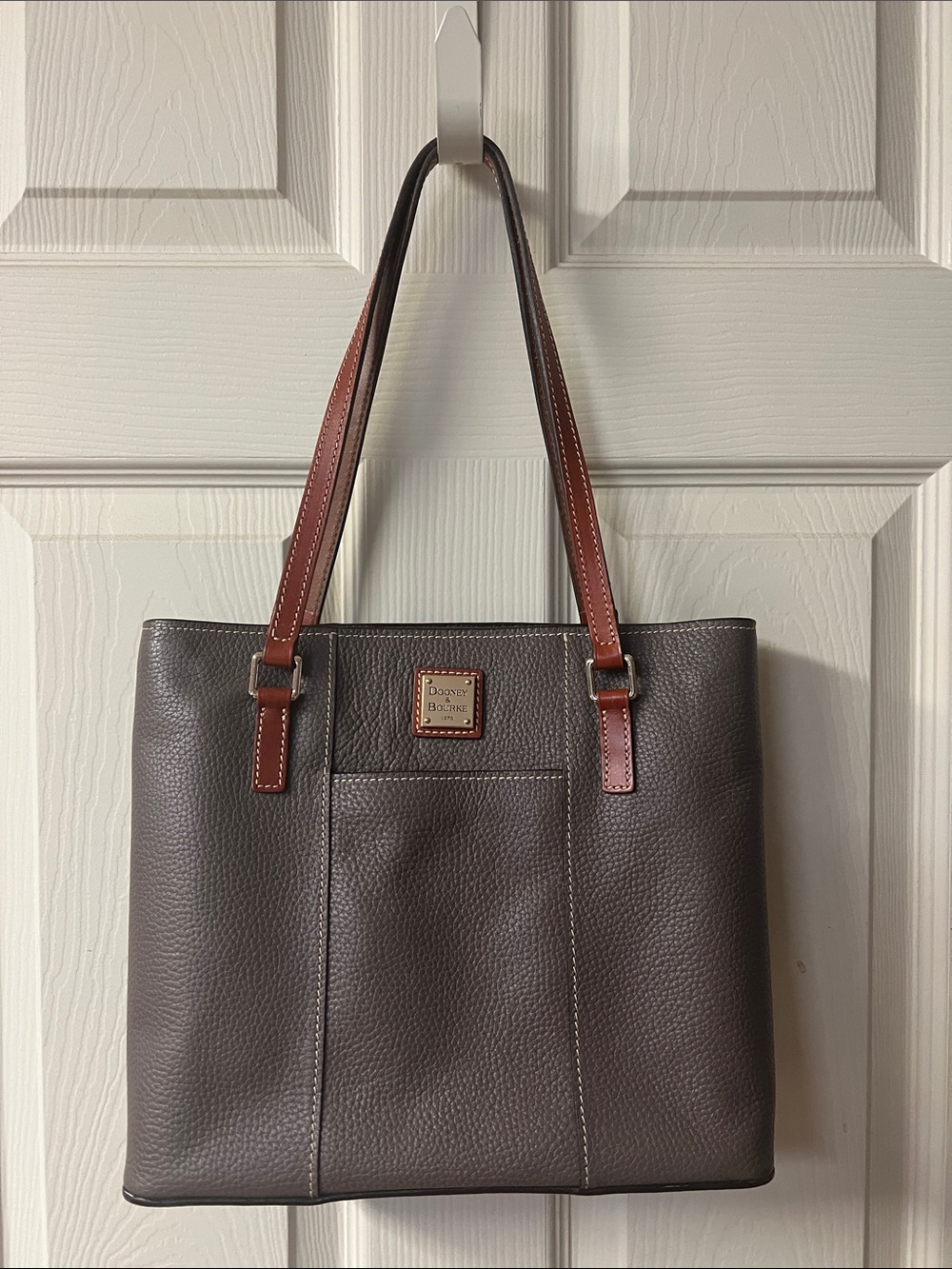 Dooney & Bourke Gray Taupe Pebbled Leather Tote with Brown Straps